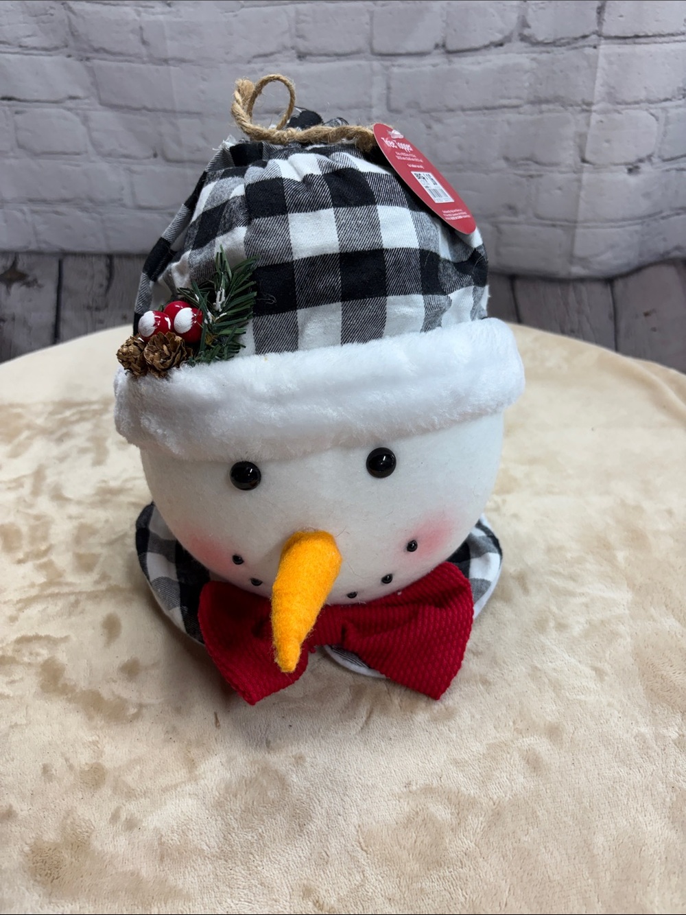 Festive Snowman Tree Topper in Black & White Plaid with Red Bow